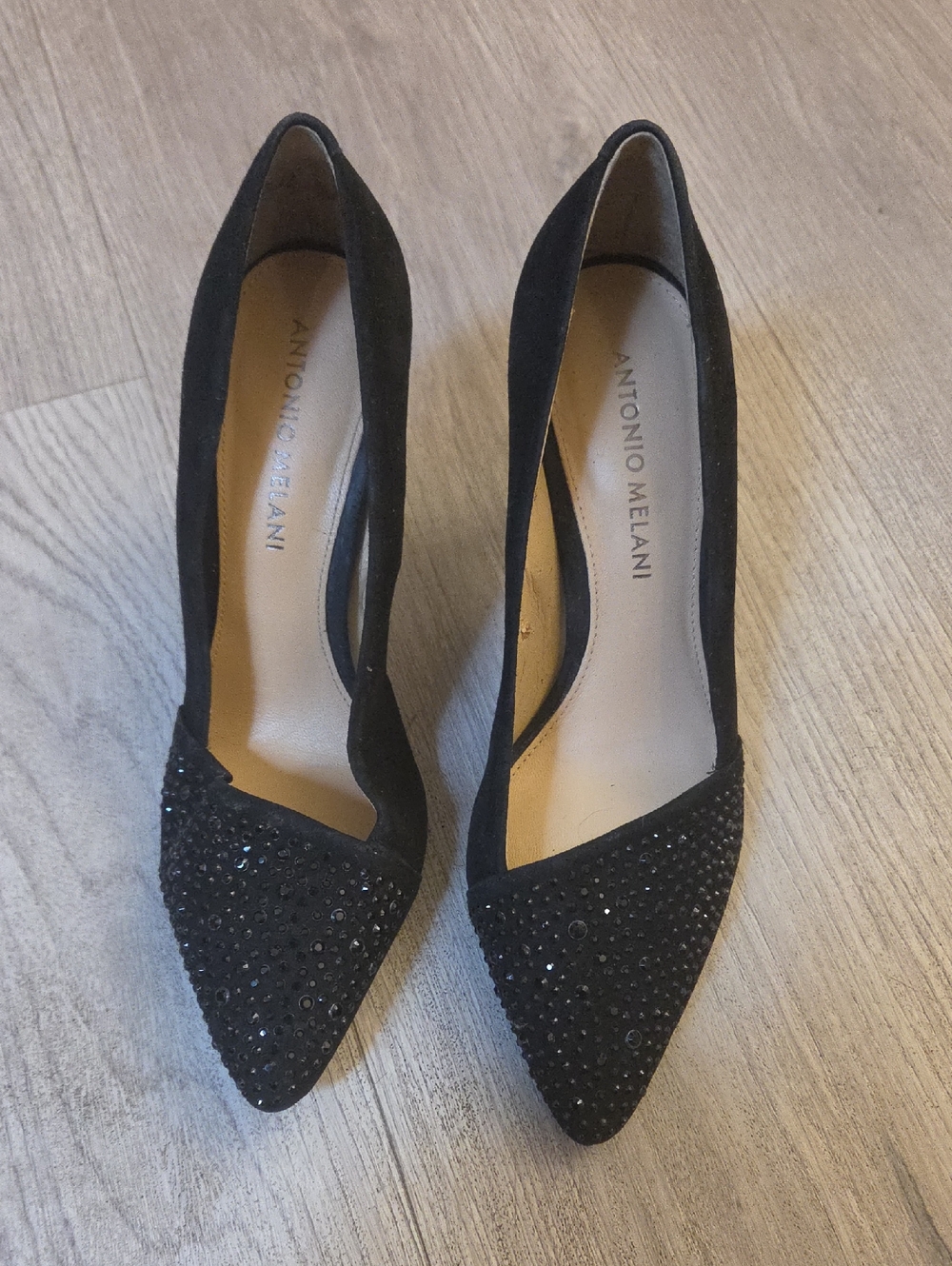 ANTONIO MELANI Black Suede Pointed-Toe Heels with Crystal Accents